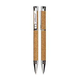 A Cork Pen with a textured cork body and chrome accents, featuring a sleek design and a logo.