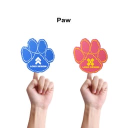 Two foam mitts shaped like animal paws, one blue and one red, held up by hands against a white background.