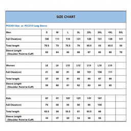 A size chart featuring measurements for unisex and kids' long sleeve polos, including chest, total length, and sleeve length.