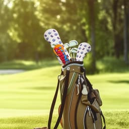 A golf bag contains several custom golf head covers in vibrant colours and patterns, set against a lush green backdrop.