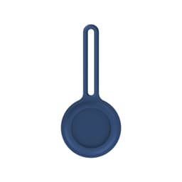 A navy blue protective case for an Air Tag, featuring a round design with a loop for attachment.