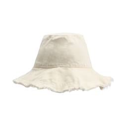 A raw edge bucket hat in cream, featuring a frayed brim and a logo on the side.
