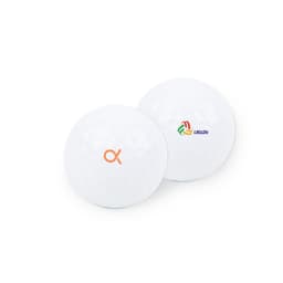 A white golf ball featuring an orange symbol and a logo in colour. The ball has a dimpled texture.