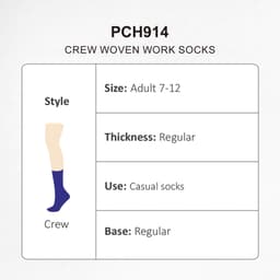 A pair of purple crew woven work socks displayed with size and thickness details. Features a branding logo.