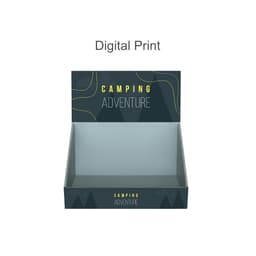 A corrugated cardboard counter display in grey with a digital print featuring a camping theme and a logo.