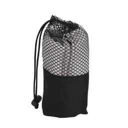 A quick dry towel in a black mesh storage bag, featuring a drawstring closure and sleek design.