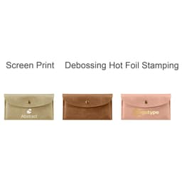 A PU leather glasses pouch in three colours: cream, brown, and pink, featuring different branding options.