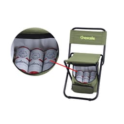 A foldable camping chair in olive green with a cooler bag underneath holding several drink cans and a logo.