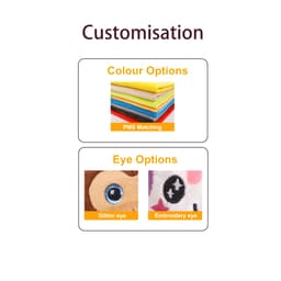 A selection of fabric colour options and eye designs for custom plush toys, featuring vibrant hues and unique eye styles.