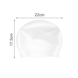A seamless white silicone swimming cap with dimensions of 22cm by 17.5cm and a simple design.