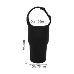 A drink bottle holder pouch in black with a handle and specified dimensions. It features a logo.