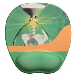 A green and orange gel mouse pad featuring an hourglass design with a spinal illustration, and a logo.