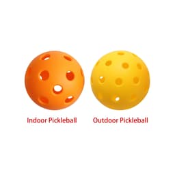 Two pickleballs are displayed: one orange for indoor use and one yellow for outdoor use, featuring multiple perforations.