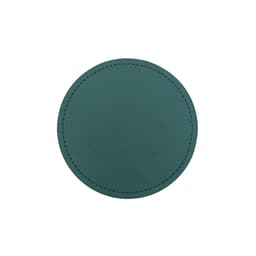 A green PU coaster with a smooth texture and stitched border. It has a circular shape and features a logo.