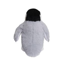 A plush penguin toy in grey and white with a black head, featuring a soft texture and rounded shape.