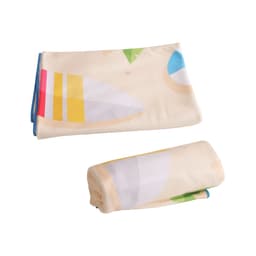 A microfibre beach towel featuring a colourful design with patterns in yellow, blue, and green. It has a logo.