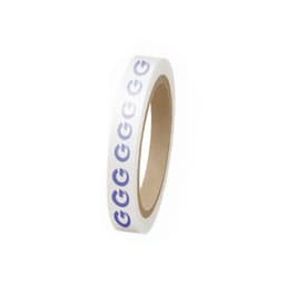 A roll of white BOPP packaging tape with blue logo design on a cardboard core.