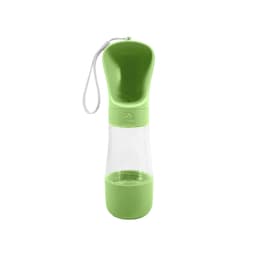 A drink bottle and food container in green, featuring a top compartment for water and a lower section for food, with a strap.