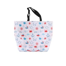 A polyester cooler tote bag featuring a nautical design with red, blue, and white elements. It has black handles and a logo.