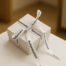 A white gift box tied with a patterned satin ribbon featuring a logo. The ribbon is primarily white with black text.