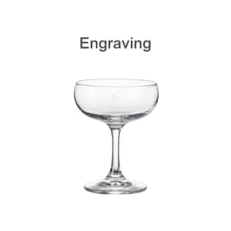 A clear glass martini coupe with a tall stem and a smooth, wide bowl. Features an engraving and a logo.