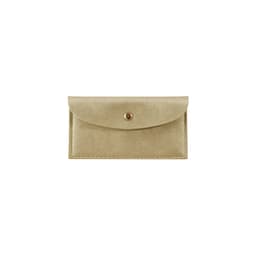 A gold PU leather glasses pouch with a snap closure and stitched detailing. It features a logo on the front.