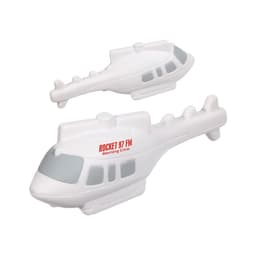 A white helicopter-shaped stress reliever with a grey windscreen and a logo on the side.