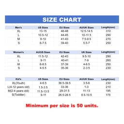 A size chart outlining measurements for men's, women's, and kids' footwear. Includes EU, US, and AU sizes.