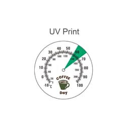 A round dial thermometer with a white background, black markings, and a green arrow indicating temperature, featuring a coffee graphic.