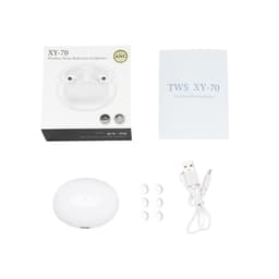 Active noise cancelling wireless earbuds in white, with a charging case, extra ear tips, a USB cable, and instruction manual.