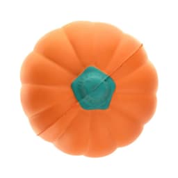 An orange pumpkin-shaped stress reliever with a teal stem, designed for fun and relaxation.