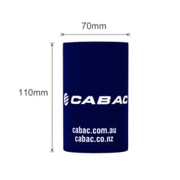 A drink bottle stubby holder in navy blue with a logo, measuring 70mm by 110mm.