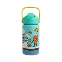 A drink bottle in turquoise and blue with whimsical cartoon graphics and a yellow handle. Features a logo.