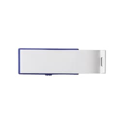 A drink bottle opener in blue and white, featuring a flash drive design with a logo.