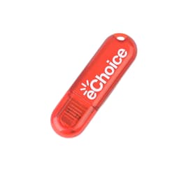 A red flash drive with a rounded design and a branded logo on the surface.