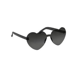 Heart-shaped sunglasses in black with dark lenses and sleek black frames. Features a logo on the side.