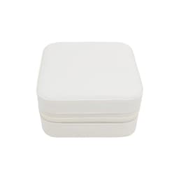 A white PU leather jewellery box with a squared shape and zipper closure. It features a subtle texture and a logo.
