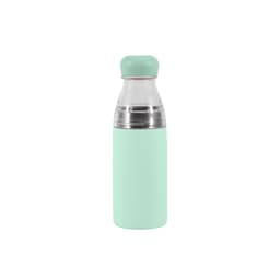 A drink bottle featuring a mint green exterior and a stainless steel base, topped with a matching lid. It has a logo.