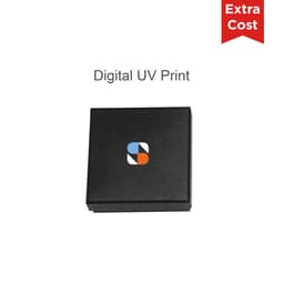 A black box featuring a logo in blue, orange, and white, labelled for digital UV printing services.