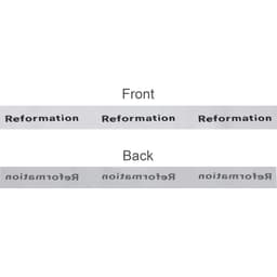 A ribbon in satin polyester, featuring repeated text in black on a white background. It has a front and back design.