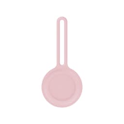 A pink Air Tag protective case with a loop for attachment. It features a smooth, rounded design.