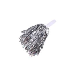 A silver cheerleading pom pom with metallic strands, featuring a white plastic handle.