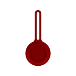 A red Air Tag protective case with a hanging loop, designed to secure and protect the device.