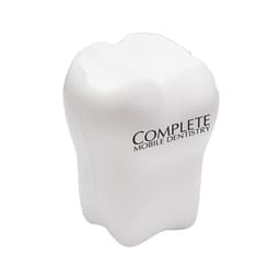 A white tooth-shaped stress reliever with a branding logo, designed as a fun stress keyring.