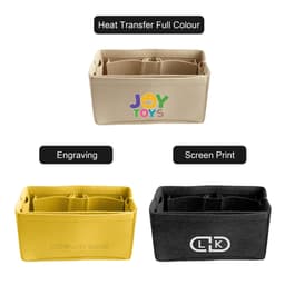 A beige felt bag organiser with multiple compartments, alongside a yellow and a black version, featuring logos.