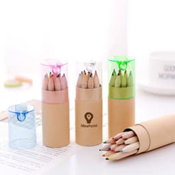 A set of coloured pencils in three transparent containers: pink, green, and blue, all with a brown base.
