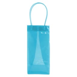 A PVC clear wine ice tote bag in a vibrant blue colour with two handles. It has a smooth, glossy finish and a logo.