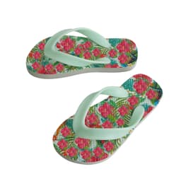Rubber thongs in mint green featuring a vibrant floral pattern of pink flowers and green leaves.