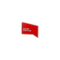 A red pin badge in the shape of a speech bubble with a logo and white text inside.