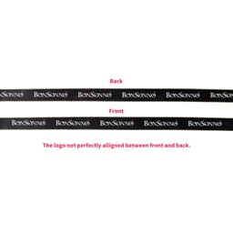 A ribbon featuring a gold-edged design with a black background and repeated branding on both sides.